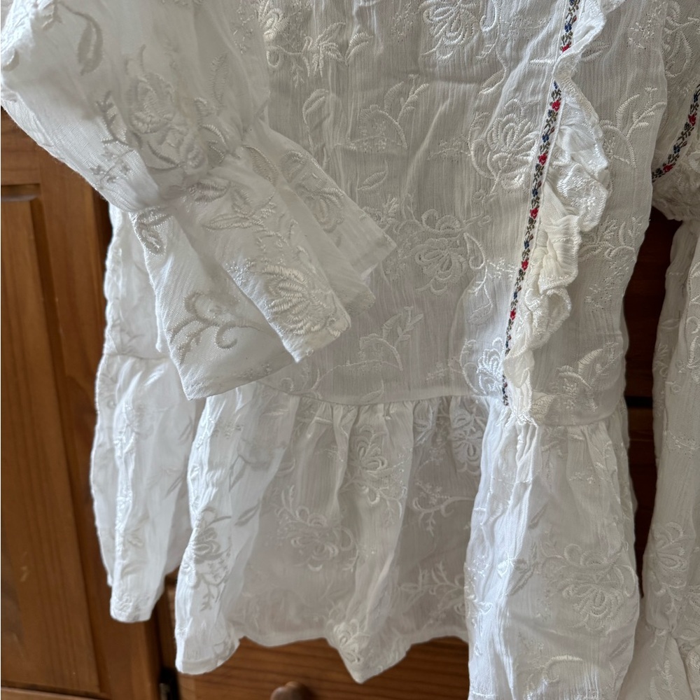 POL White Embroidered Ruffle Long-Sleeve Peplum Blouse Large - Picture 4 of 5